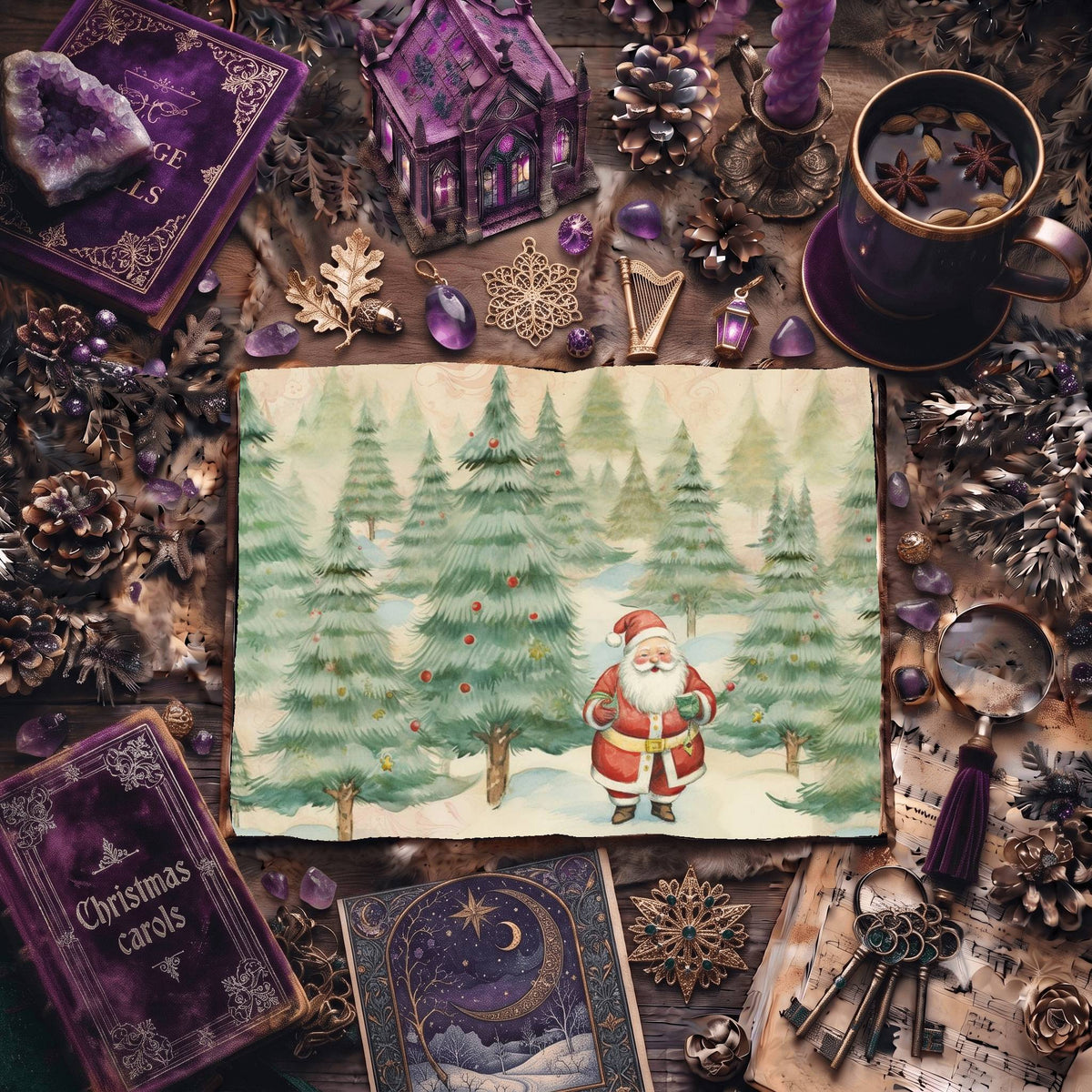 Christmas Santa Claus And Trees Digital Papers