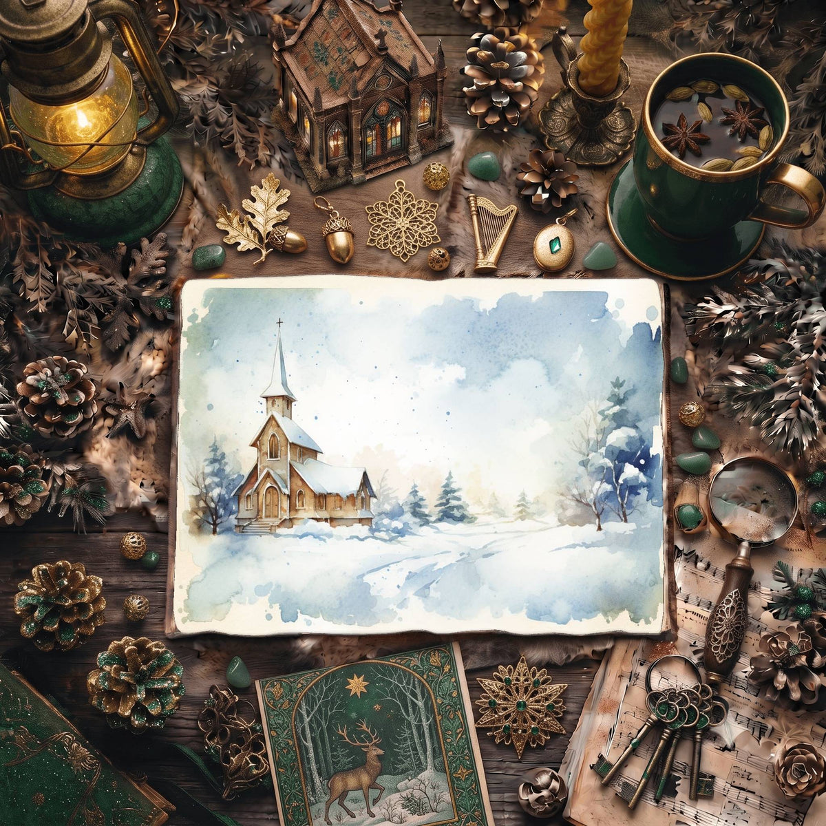Christmas Snowy Church Digital Papers