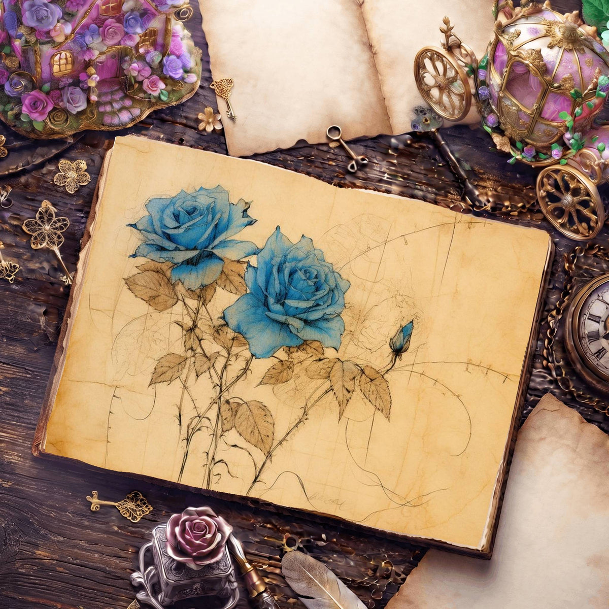 Decaying Blue Roses Digital Papers