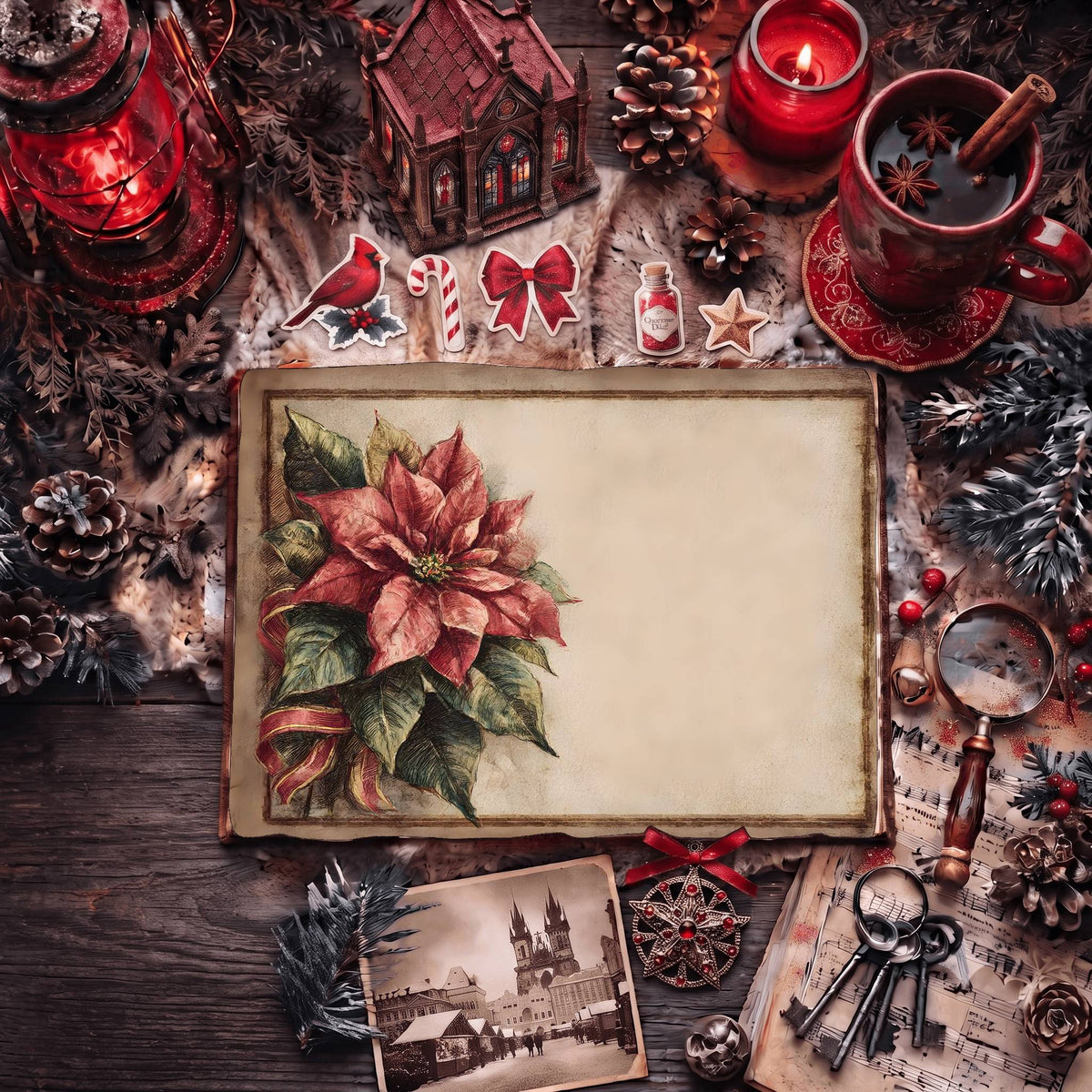 Festive Poinsettia Ribbon Design Digital Papers