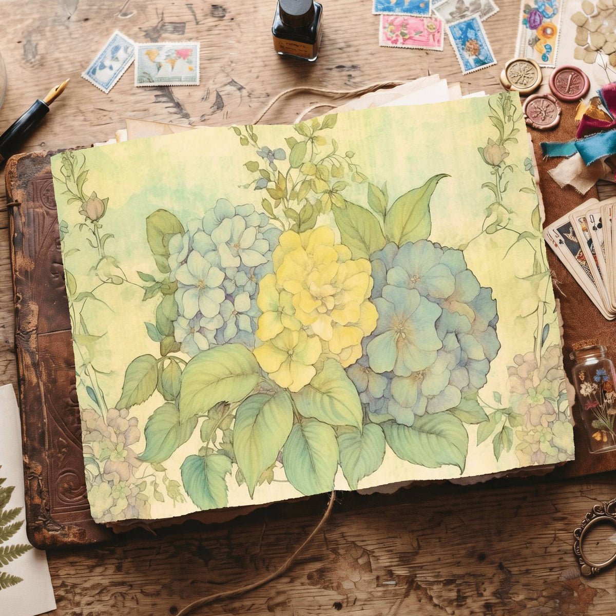 Green Hydrangea Digital Papers