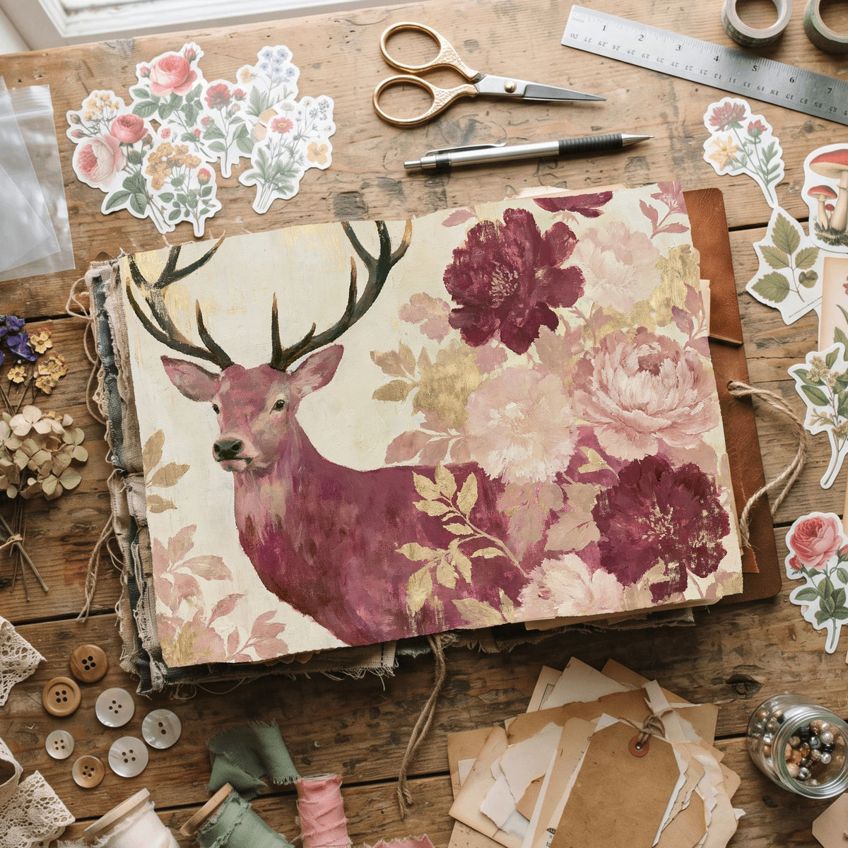 Majestic Stag Damask Botanical Art