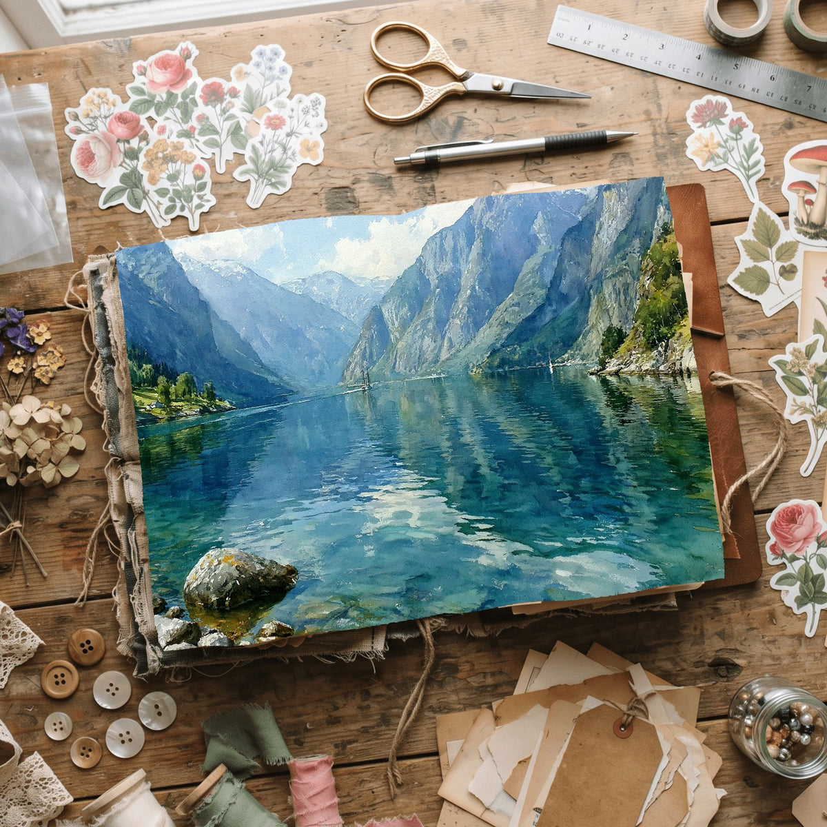Norwegian Fjord Watercolor Landscape