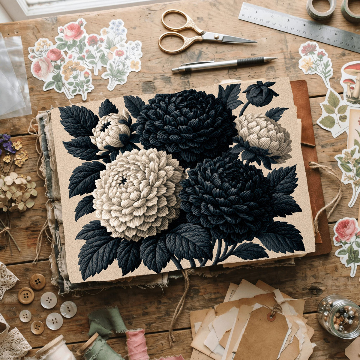 Vintage Black Ink Floral Illustration