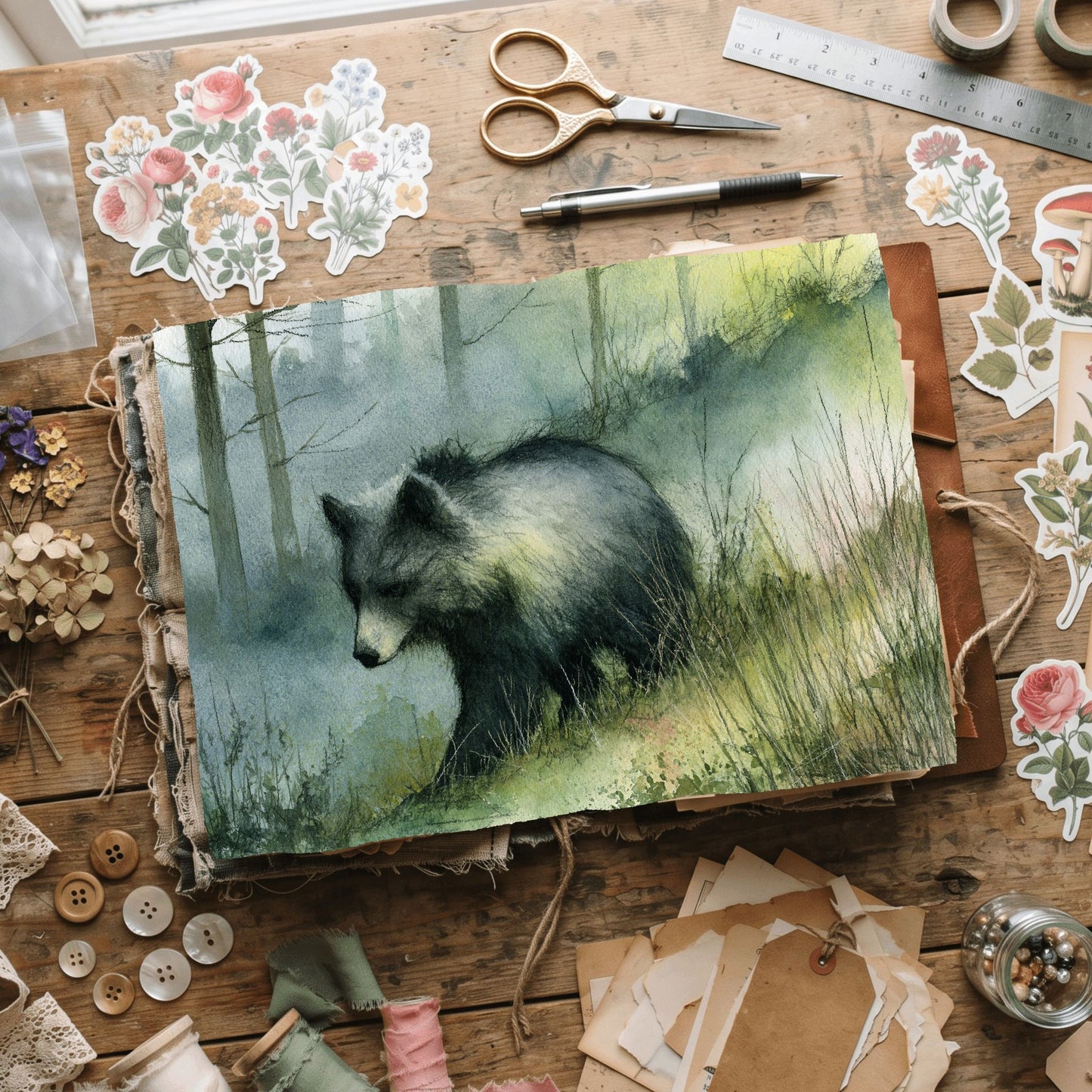 Woodland Bear Watercolor Landscape