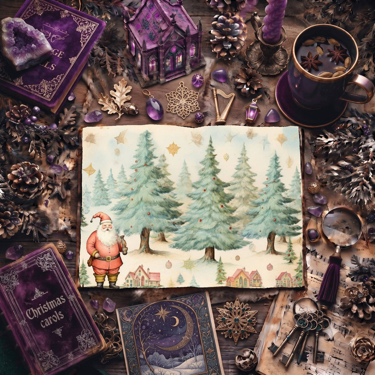 Christmas Santa Claus And Trees Digital Papers