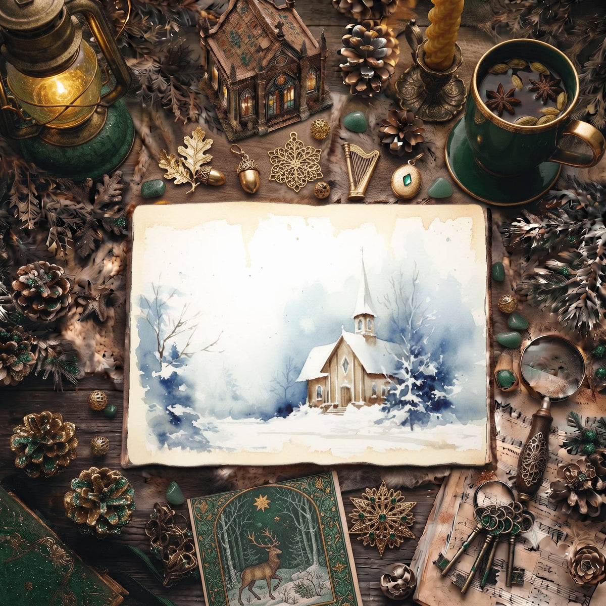 Christmas Snowy Church Digital Papers