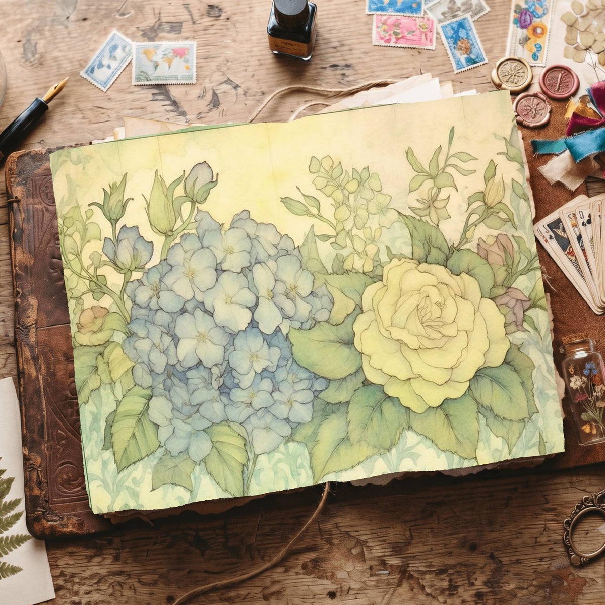 Green Hydrangea Digital Papers