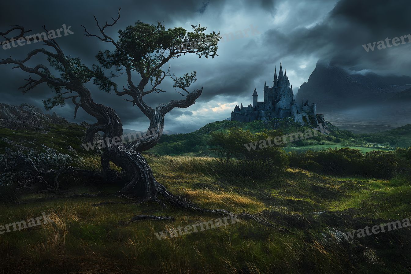 Witch’Castle On Dark Mountain In Storm Backdrop Images