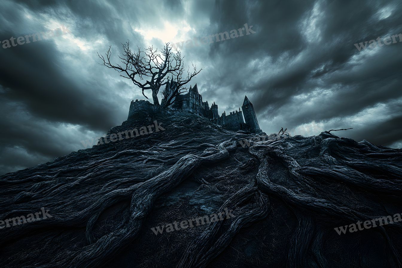 Witch’Castle On Dark Mountain In Storm Backdrop Images