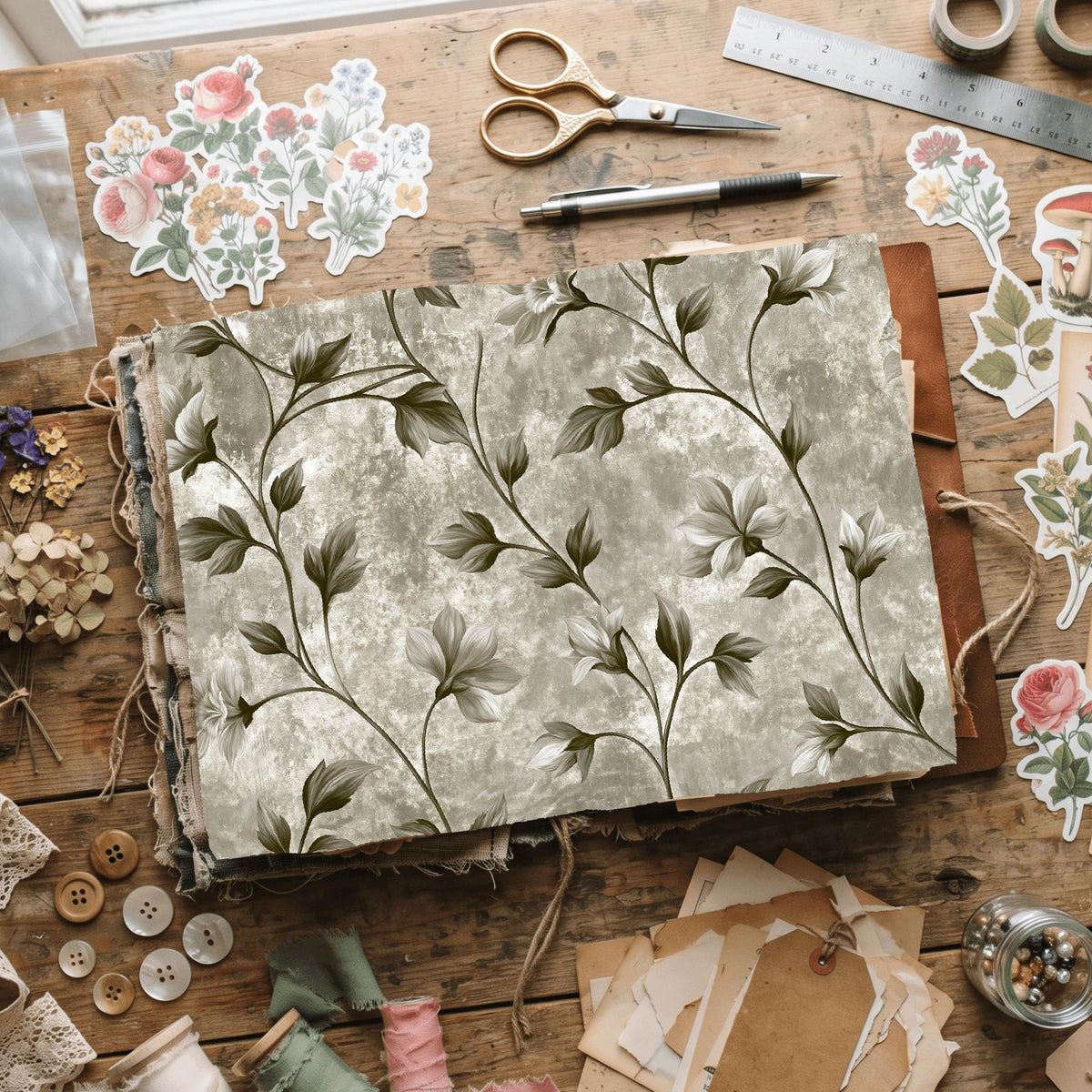Aged Sepia Floral Vine Wallpaper