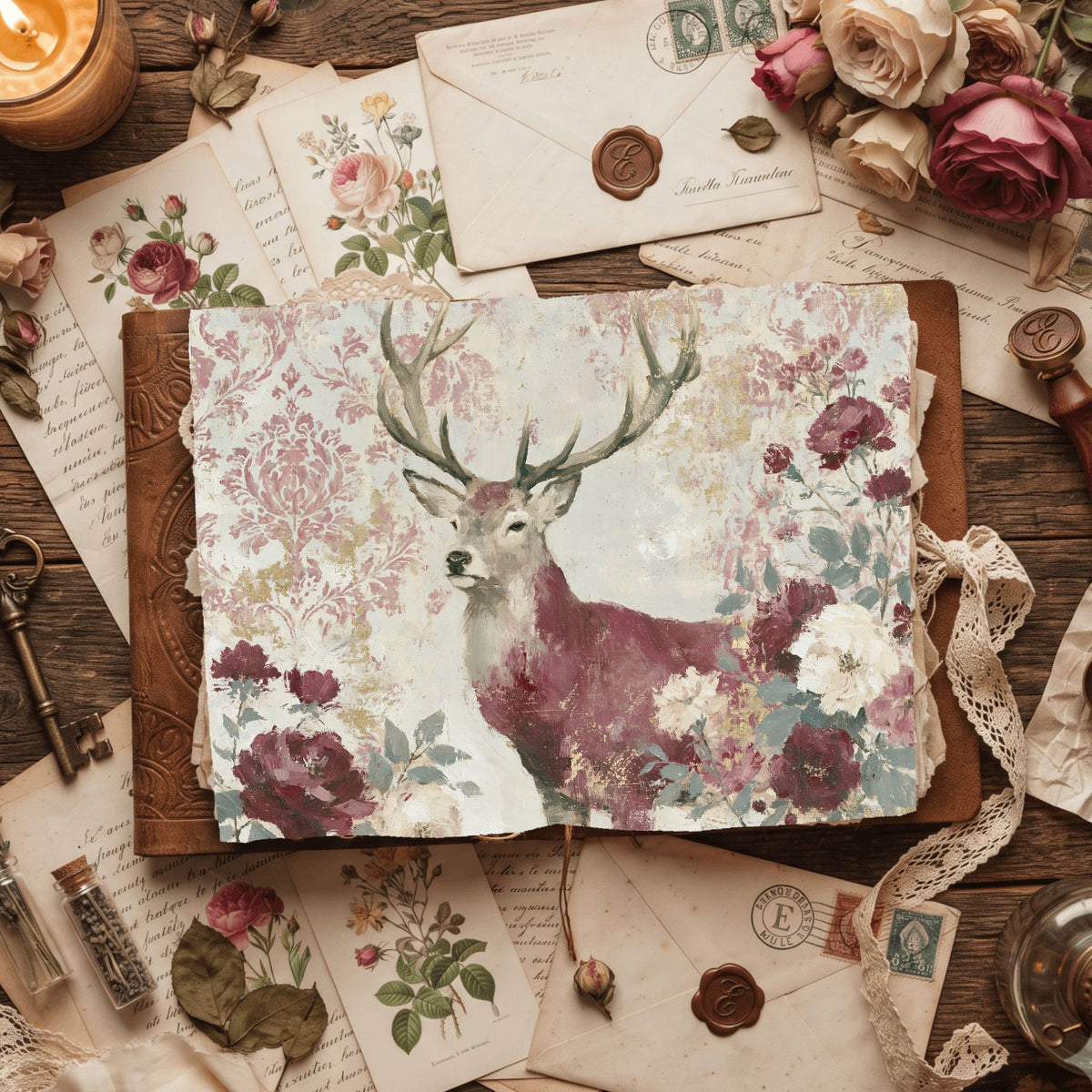 Majestic Stag Damask Botanical Art