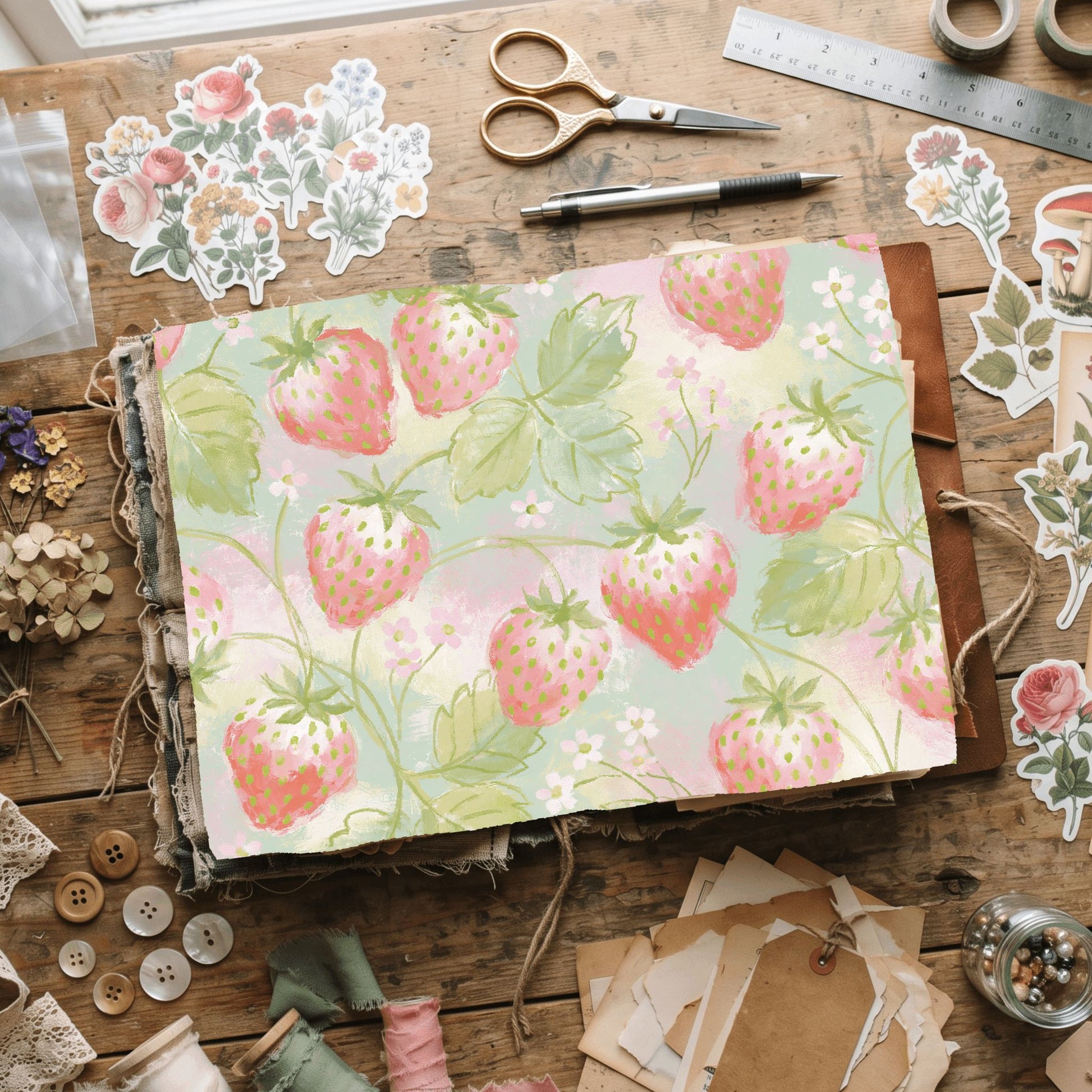 Strawberry Botanical Scrapbook Paper