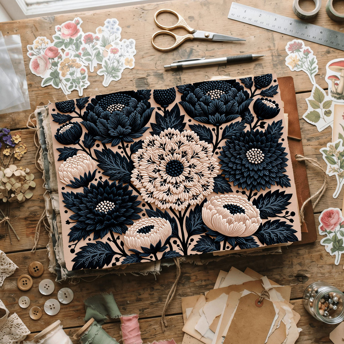 Vintage Black Ink Floral Illustration