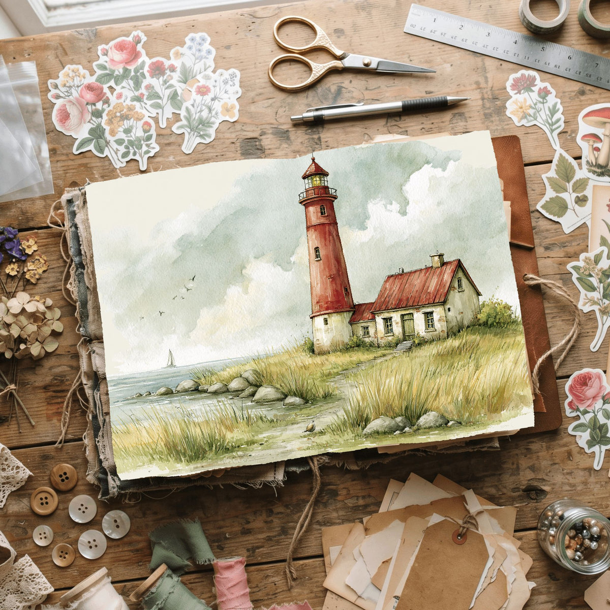 Watercolor Lighthouse Coastal Scene