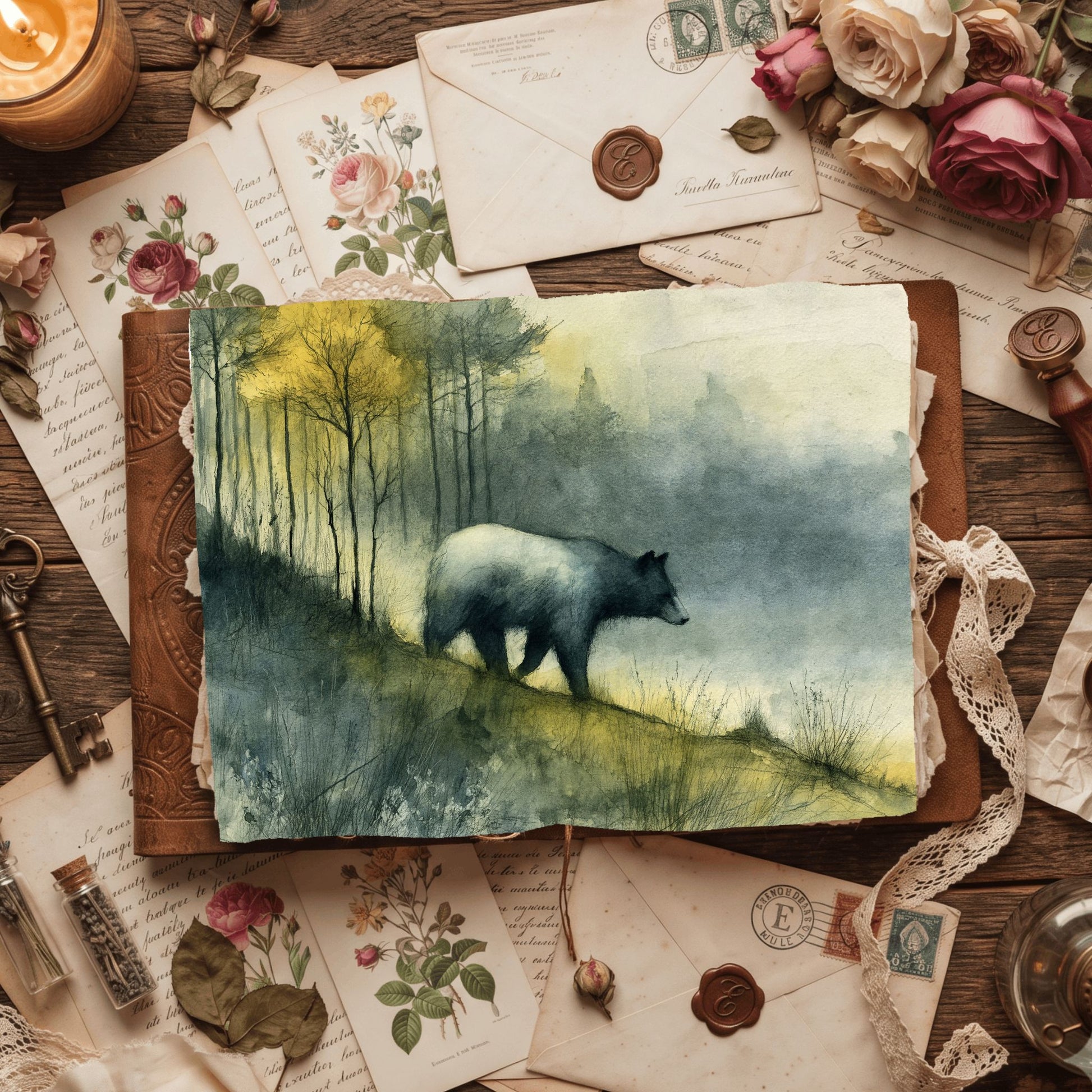 Woodland Bear Watercolor Landscape