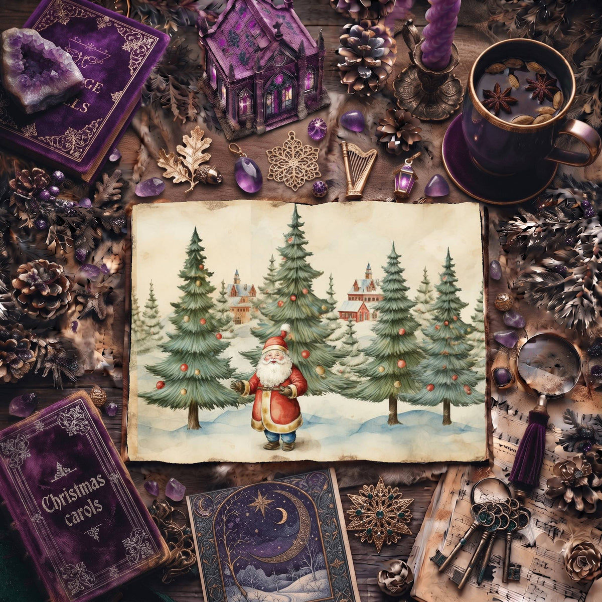 Christmas Santa Claus And Trees Digital Papers