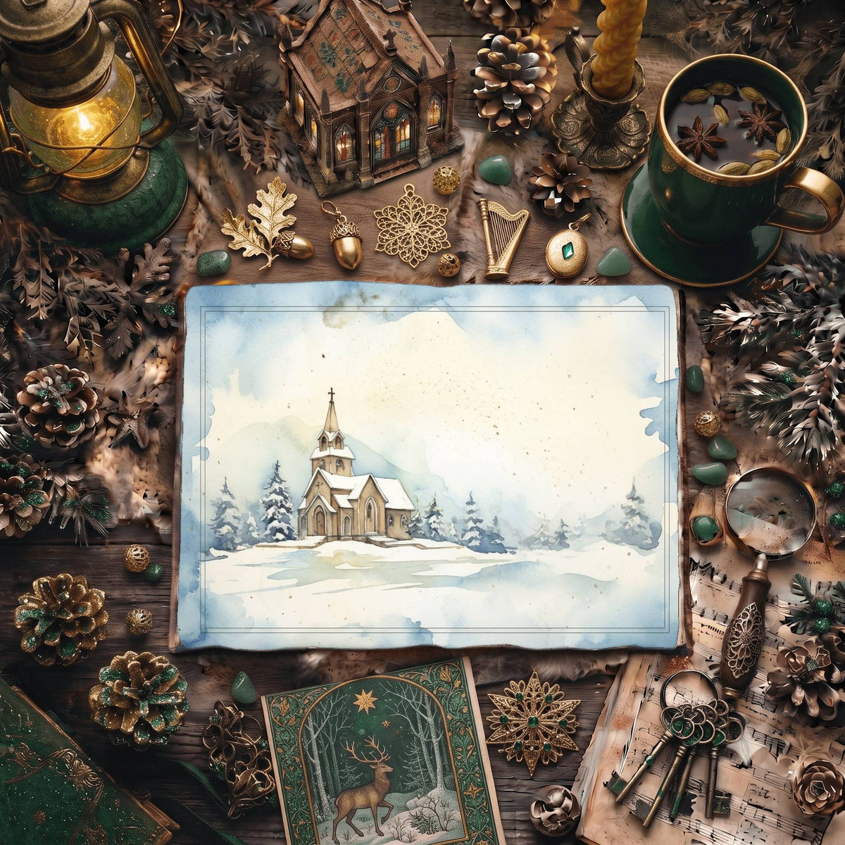 Christmas Snowy Church Digital Papers
