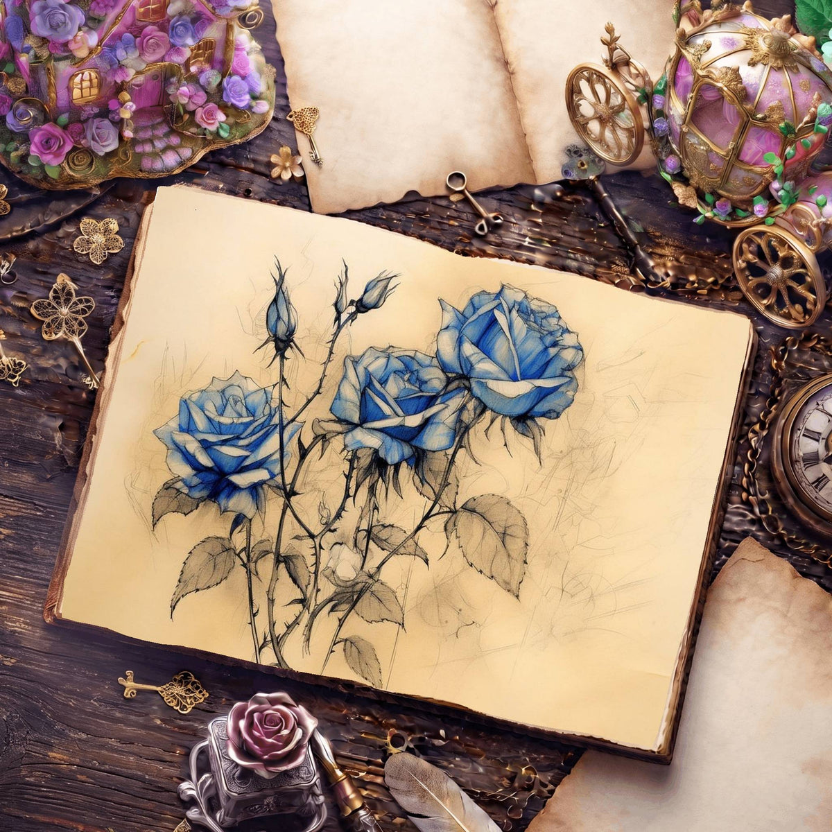 Decaying Blue Roses Digital Papers