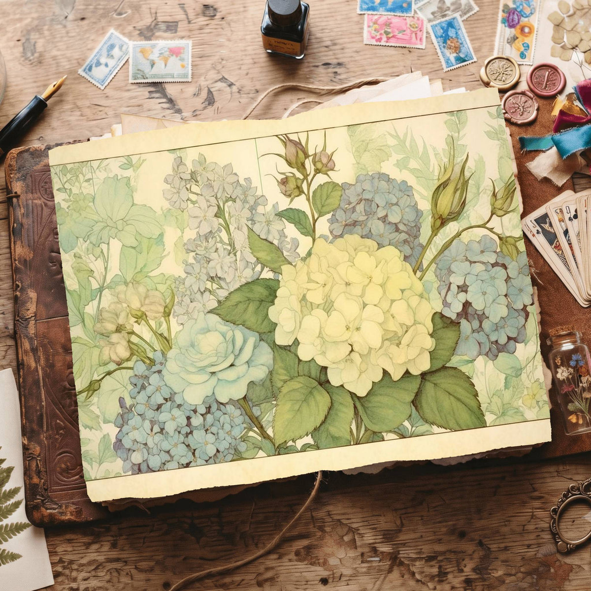 Green Hydrangea Digital Papers