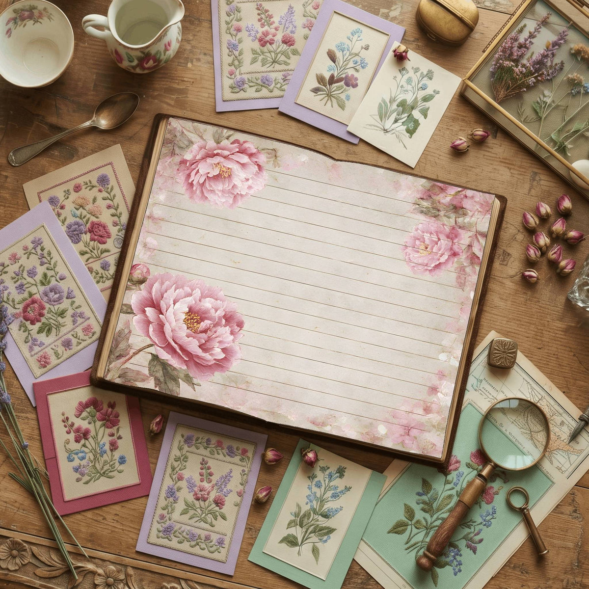 Lined Pink Peony Digital Papers