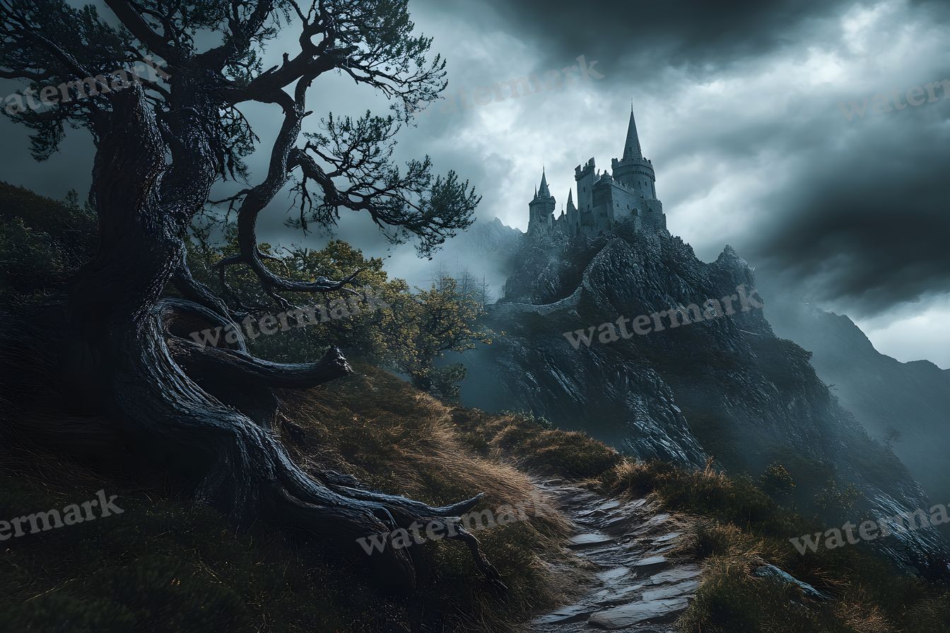 Witch’Castle On Dark Mountain In Storm Backdrop Images