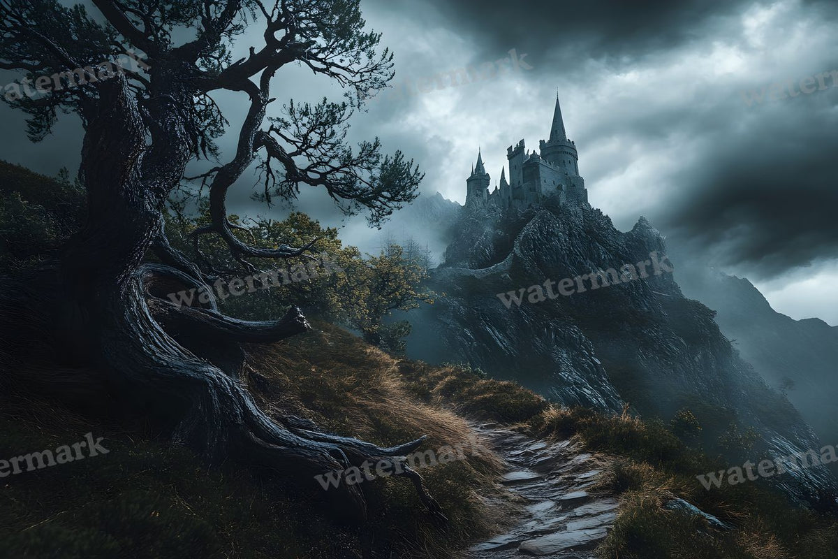 Witch’Castle On Dark Mountain In Storm Backdrop Images
