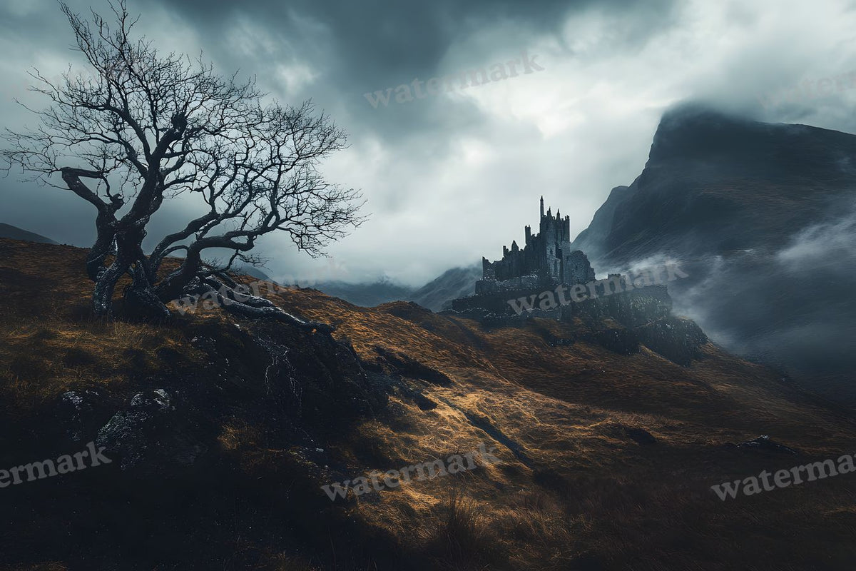 Witch’Castle On Dark Mountain In Storm Backdrop Images