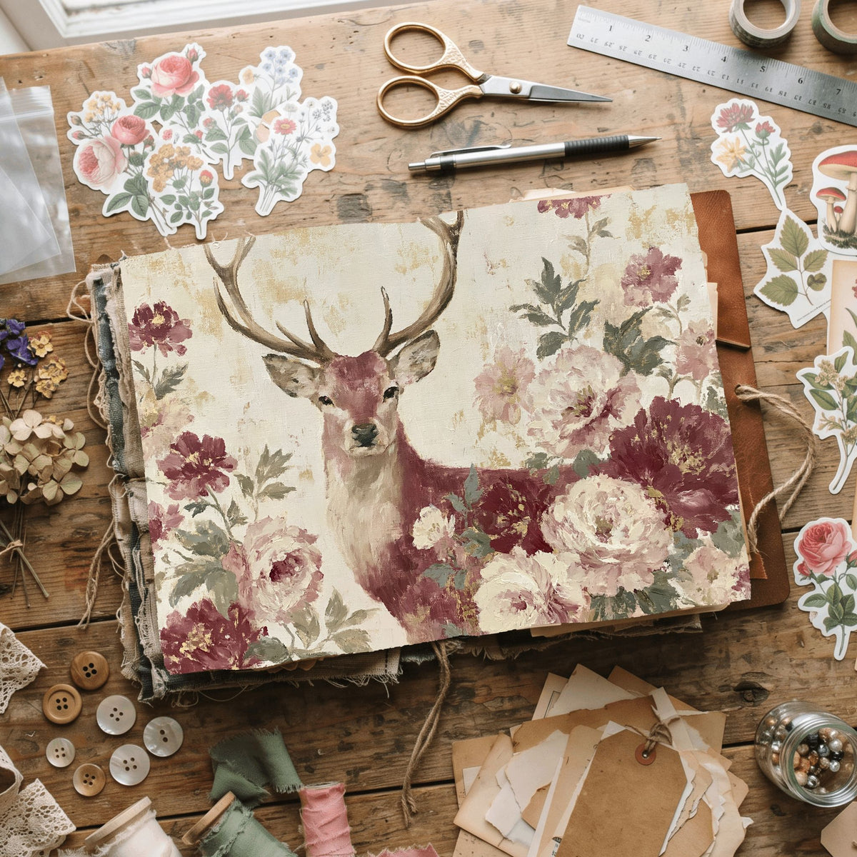 Majestic Stag Damask Botanical Art