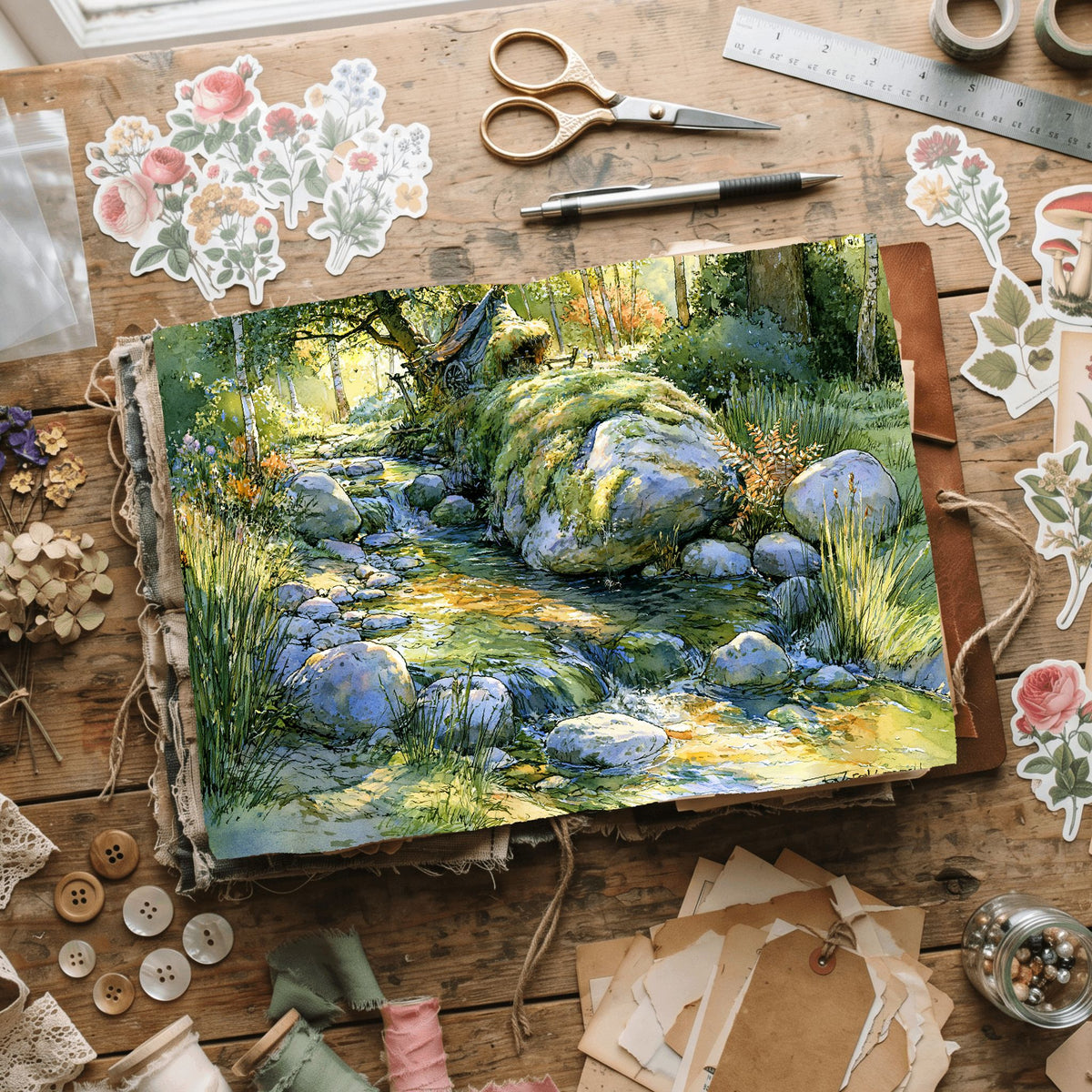 Peaceful Woodland Brook Watercolor