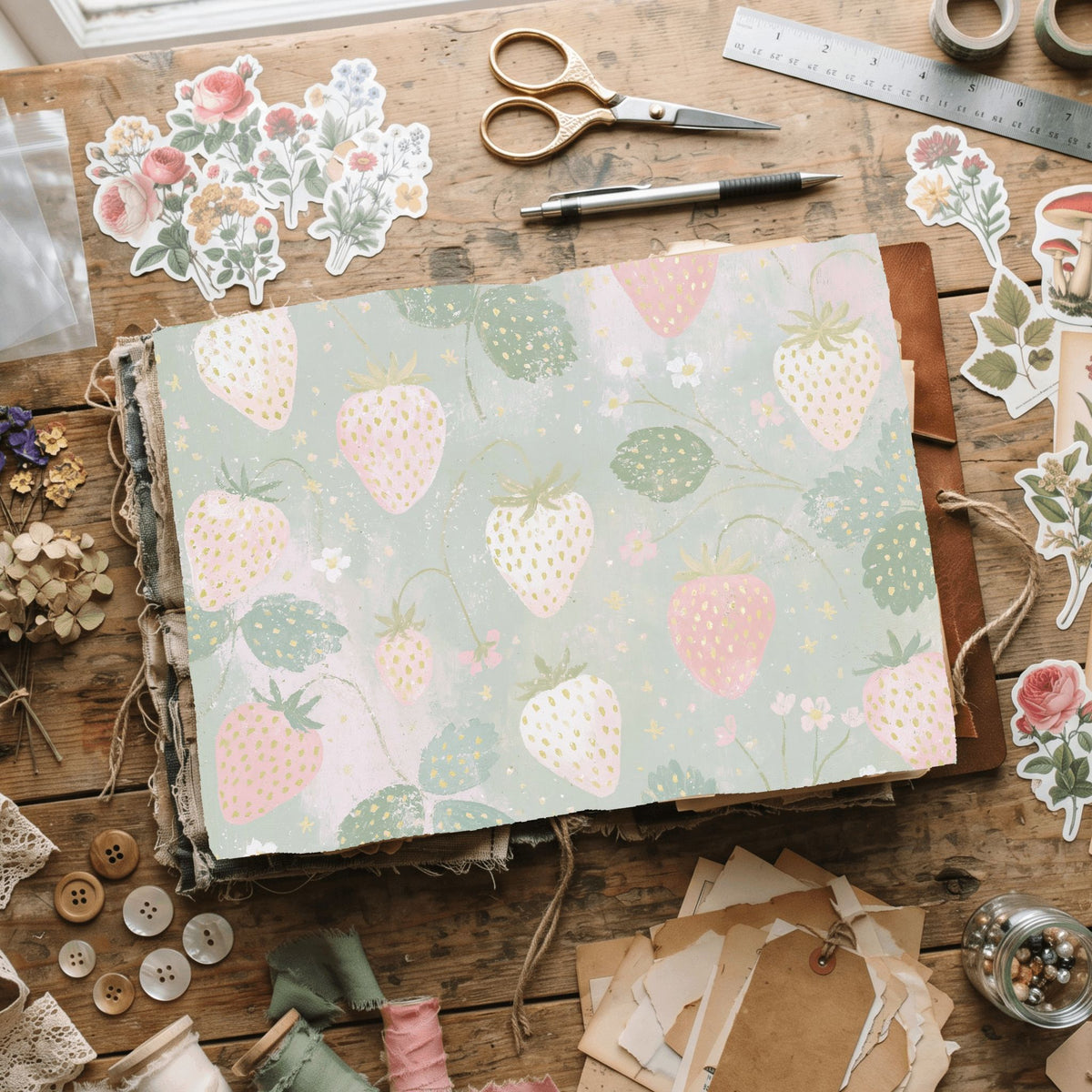 Strawberry Botanical Scrapbook Paper