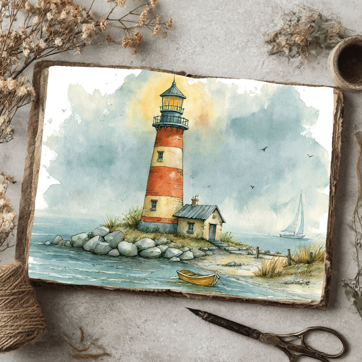 Watercolor Lighthouse Coastal Scene