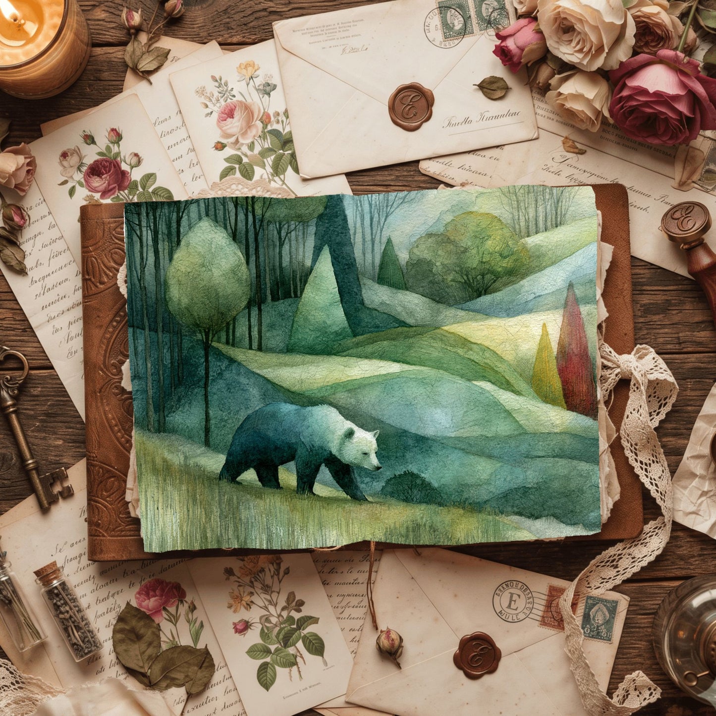 Woodland Bear Watercolor Landscape