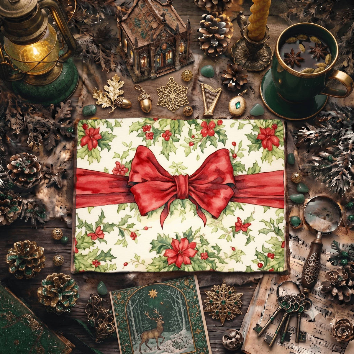 Christmas Red Ribbon Decorated Digital Papers