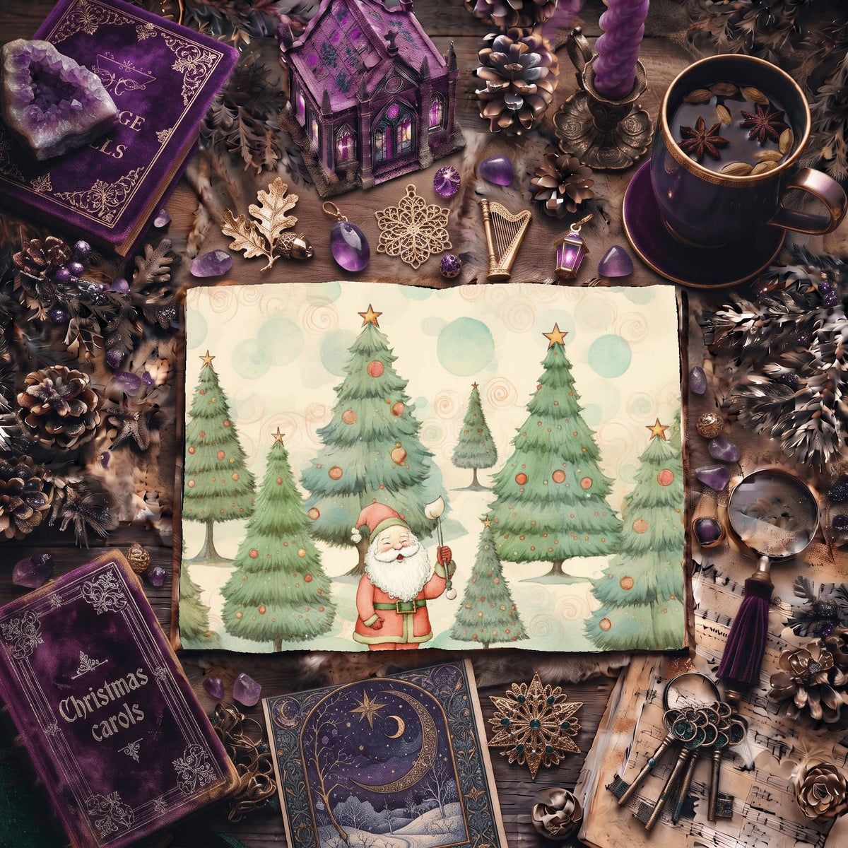 Christmas Santa Claus And Trees Digital Papers