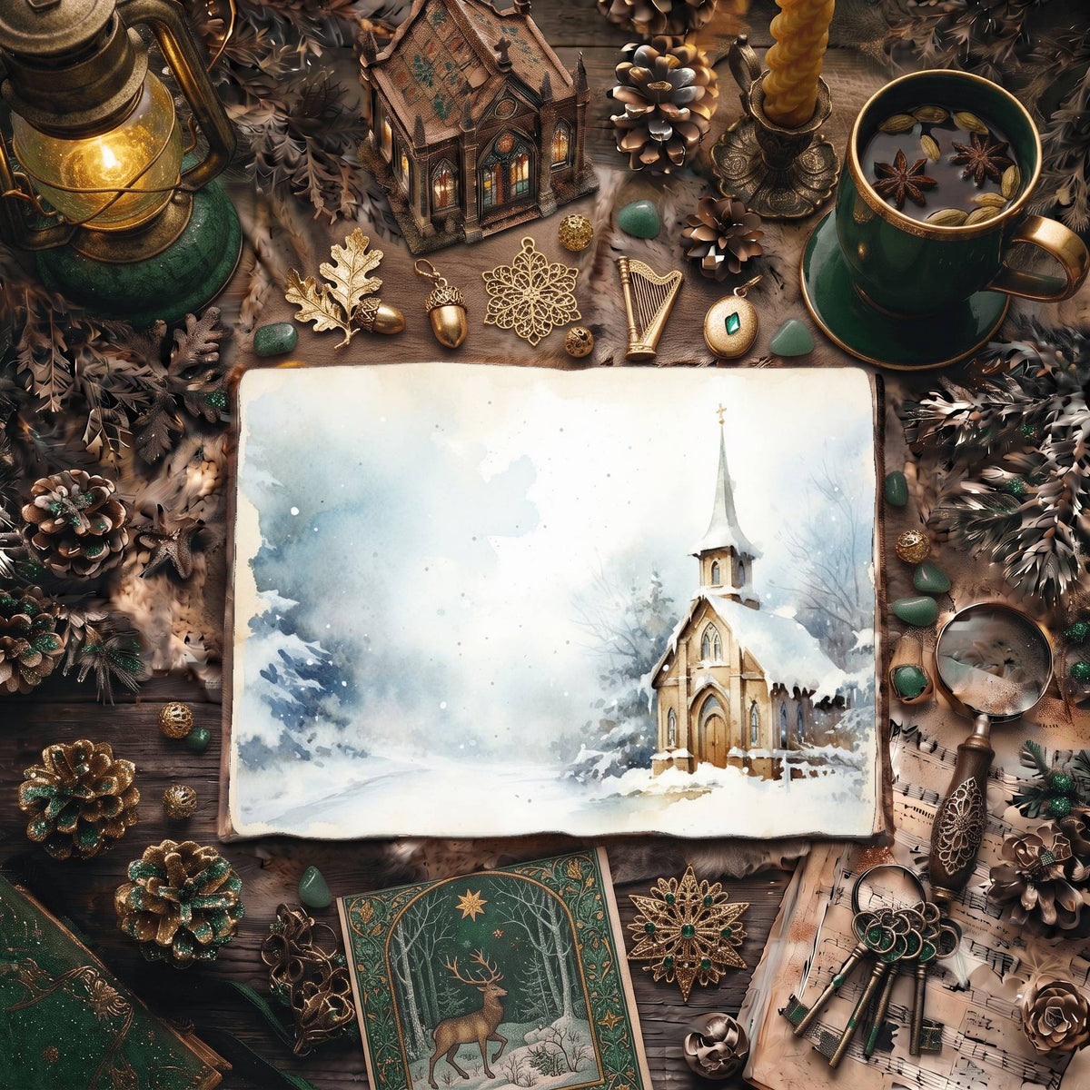 Christmas Snowy Church Digital Papers