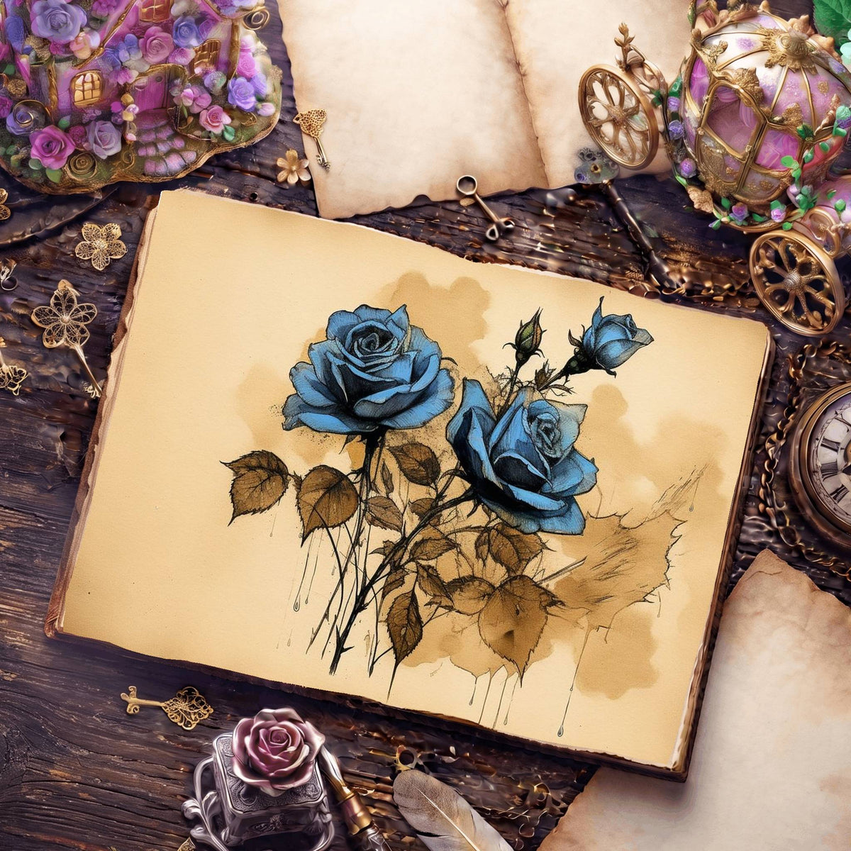 Decaying Blue Roses Digital Papers