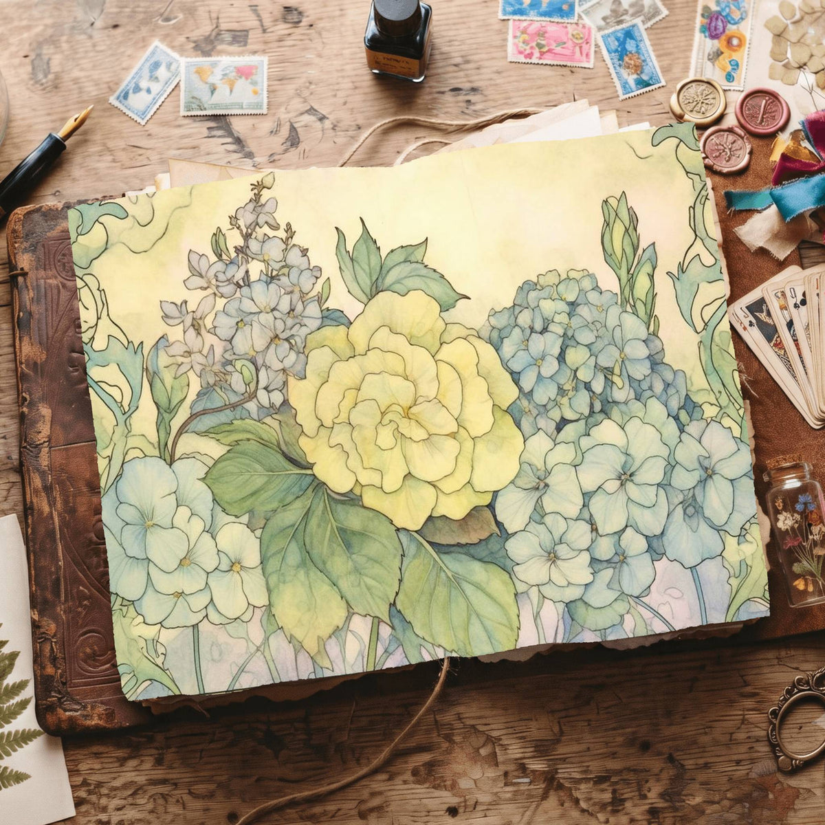 Green Hydrangea Digital Papers