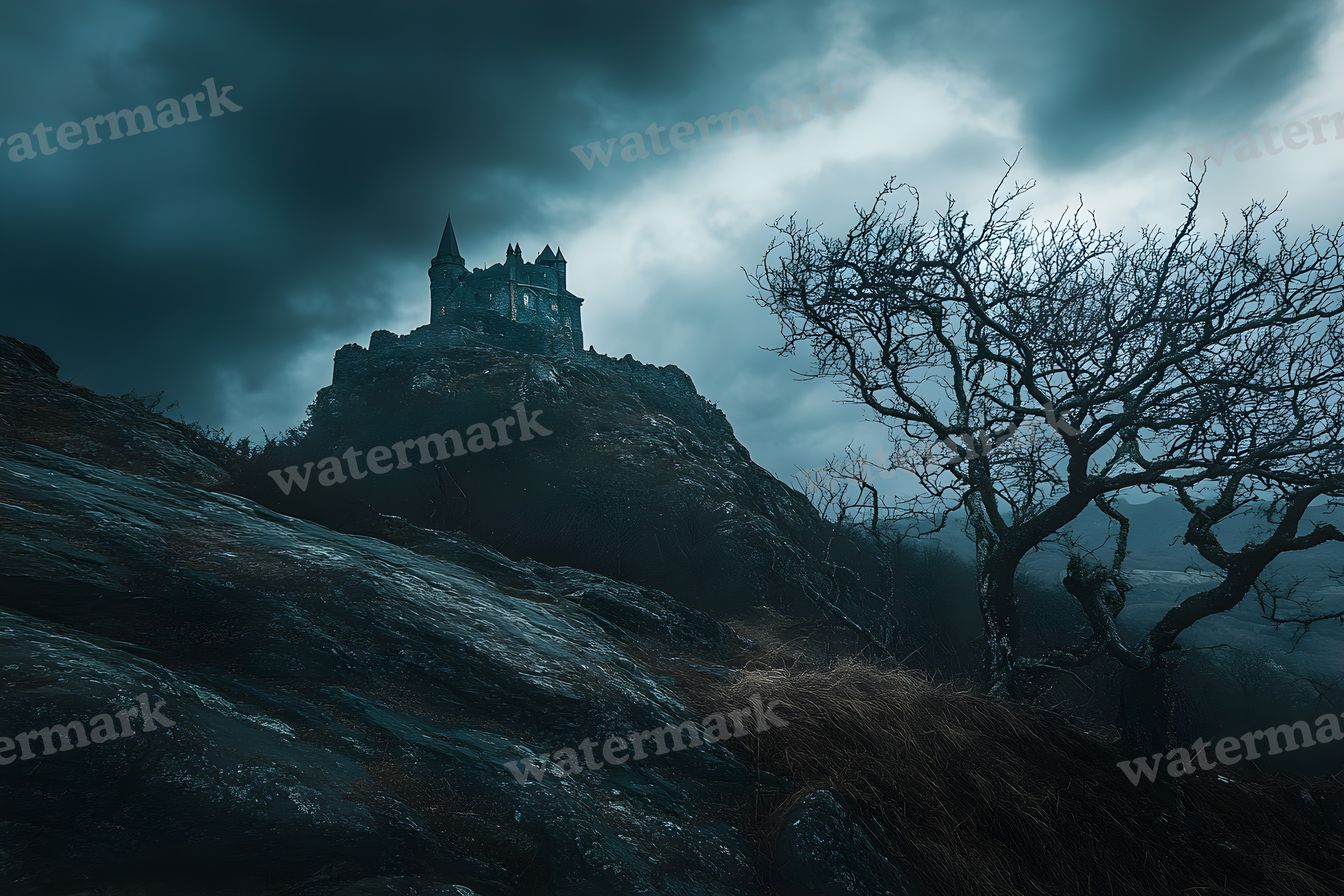 Witch’Castle On Dark Mountain In Storm Backdrop Images