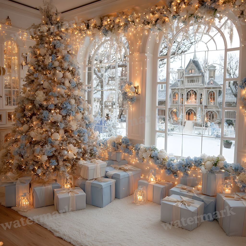 Sapphire Blue Gold Snowy Indoor Christmas Backdrop Images
