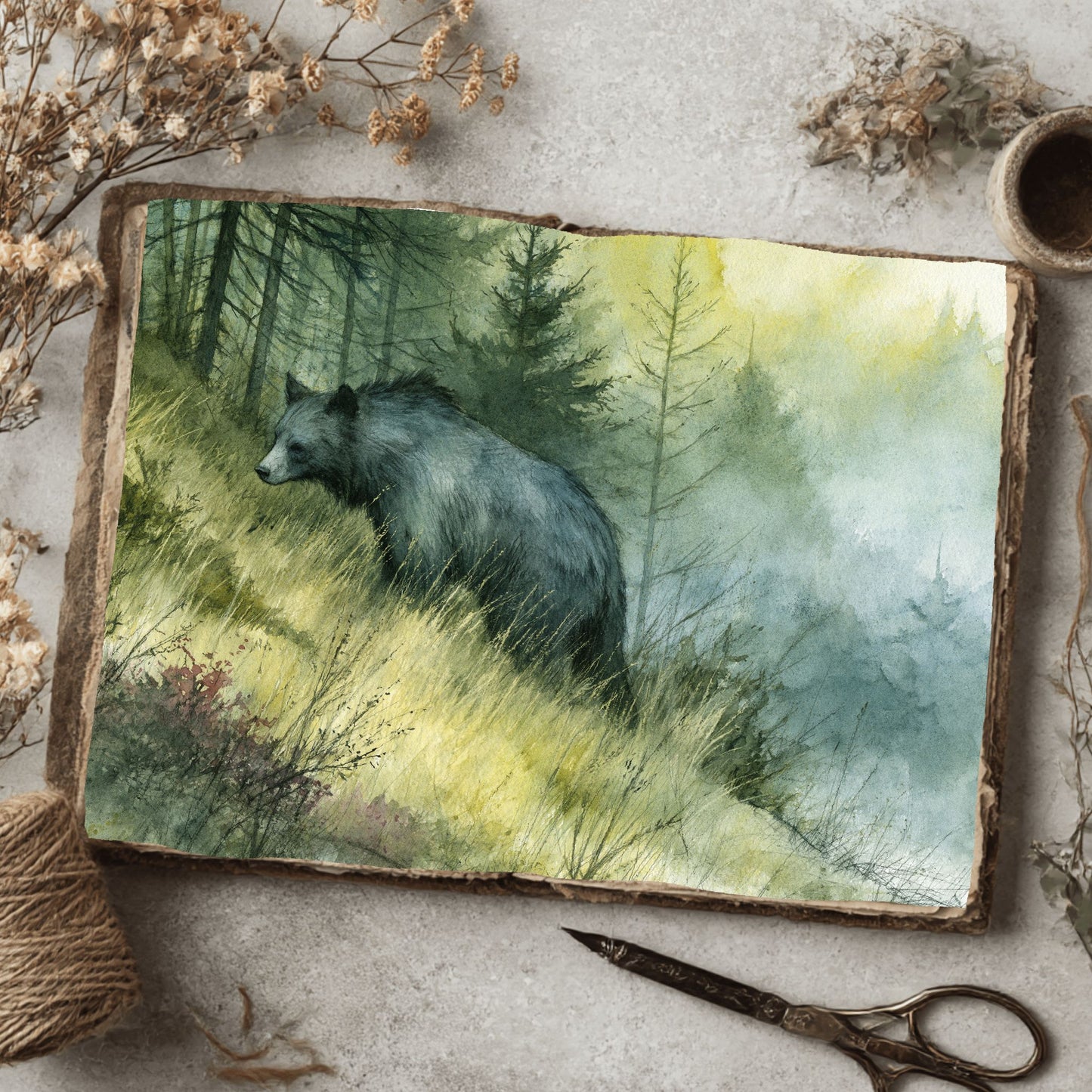 Woodland Bear Watercolor Landscape