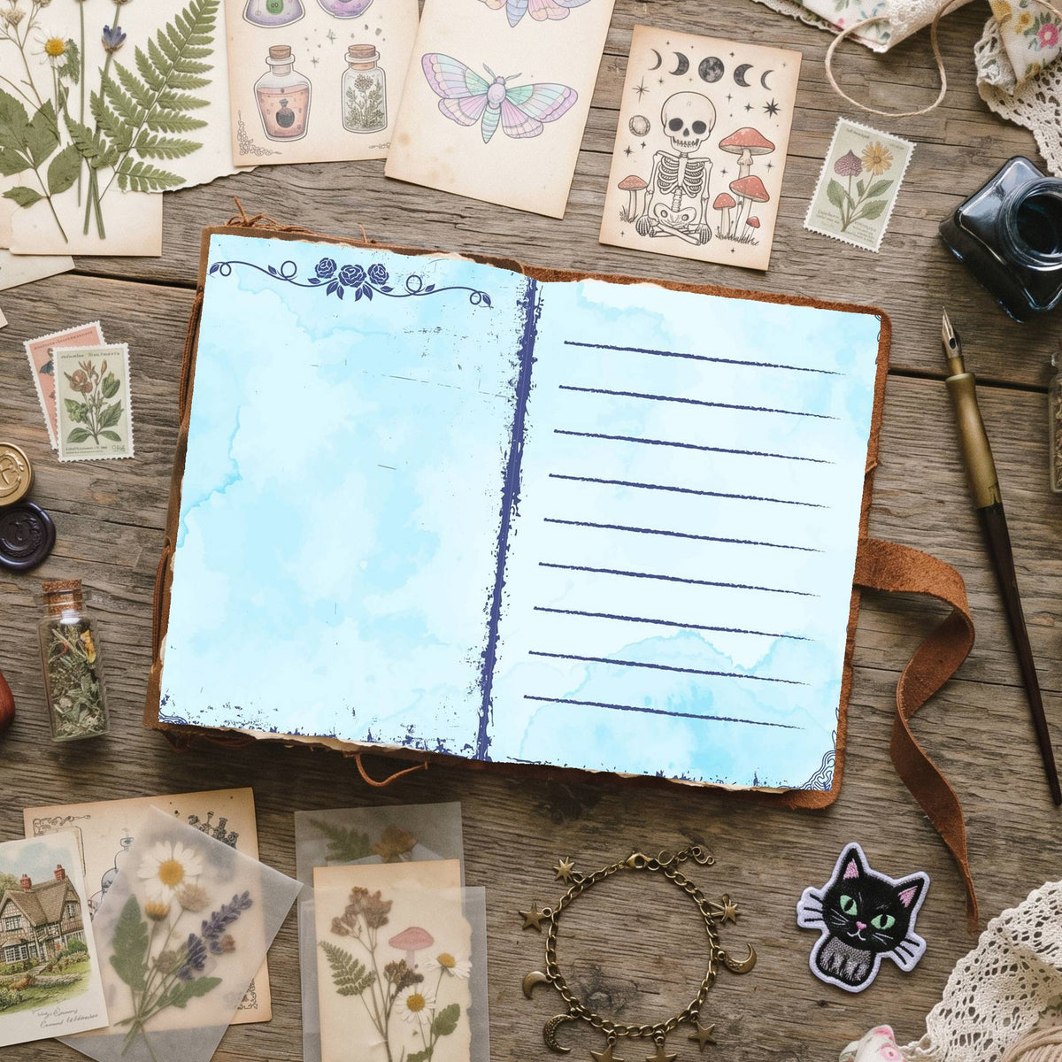 Blue Watercolor Distressed Blank And Lined Digital Papers