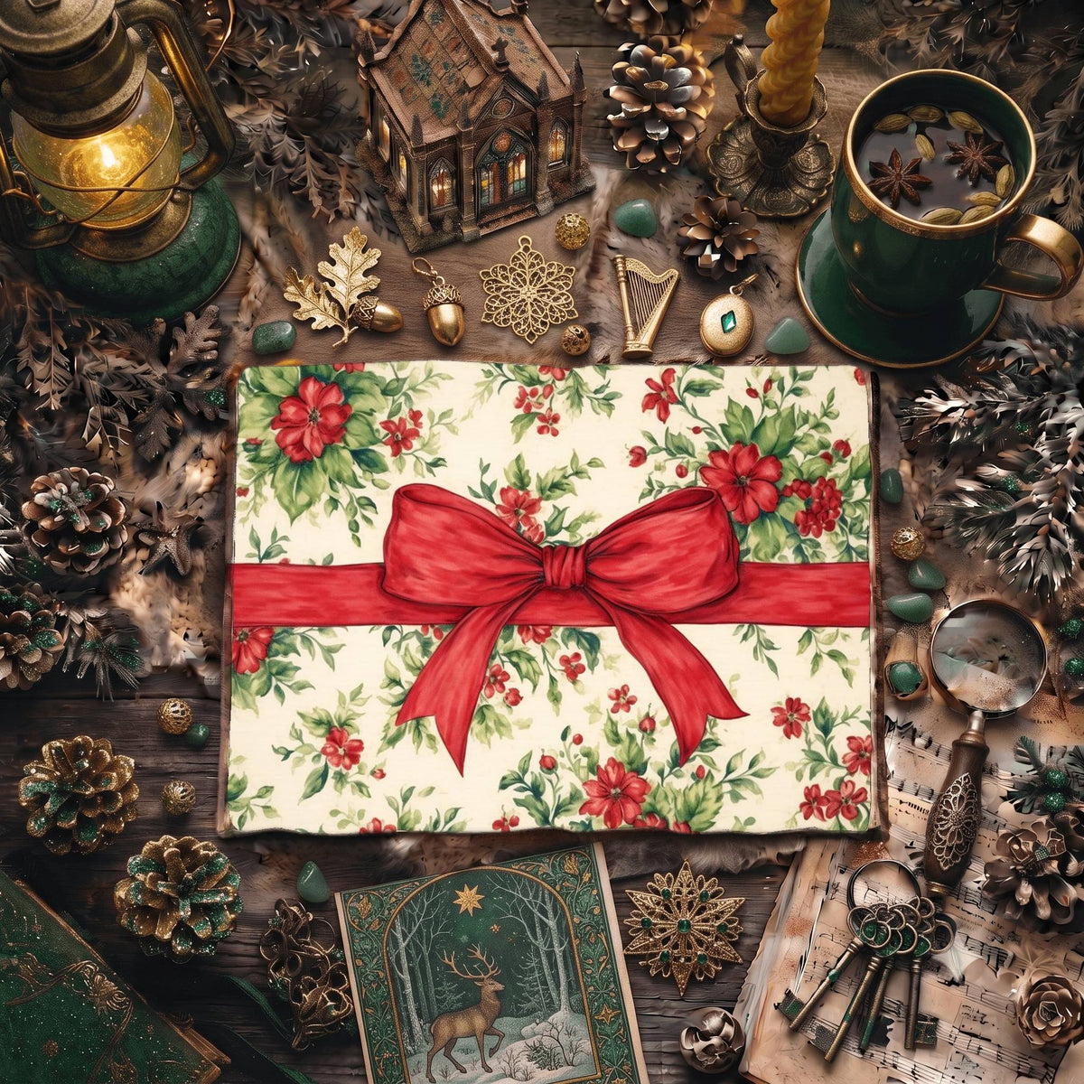Christmas Red Ribbon Decorated Digital Papers