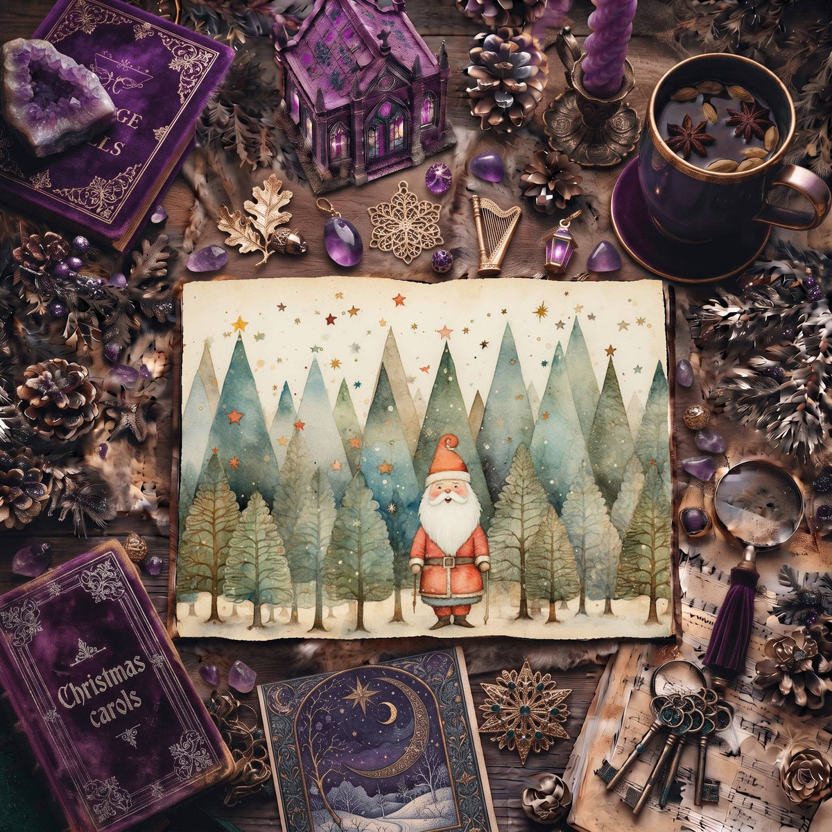 Christmas Santa Claus And Trees Digital Papers