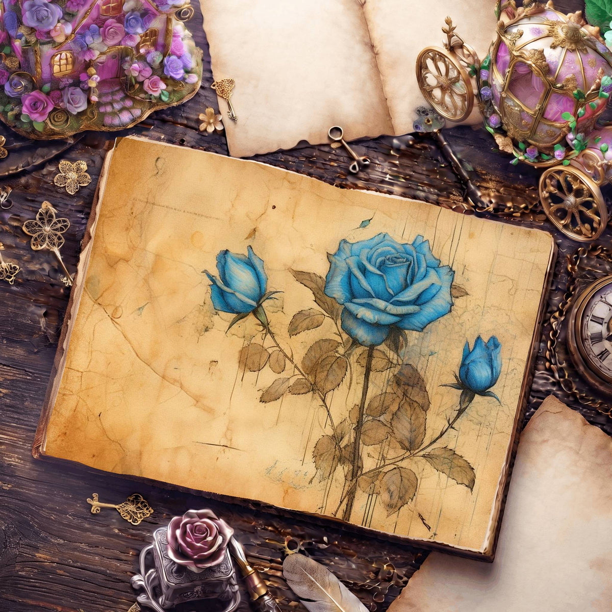 Decaying Blue Roses Digital Papers