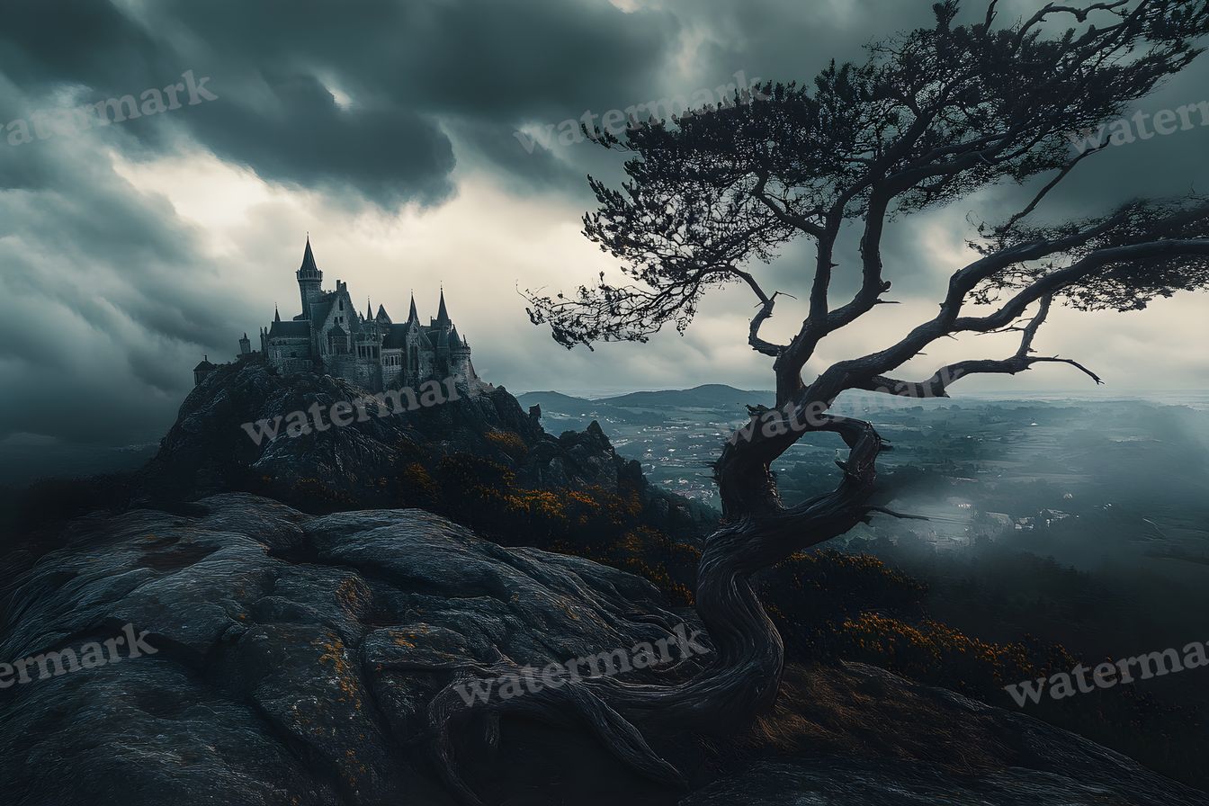 Witch’Castle On Dark Mountain In Storm Backdrop Images