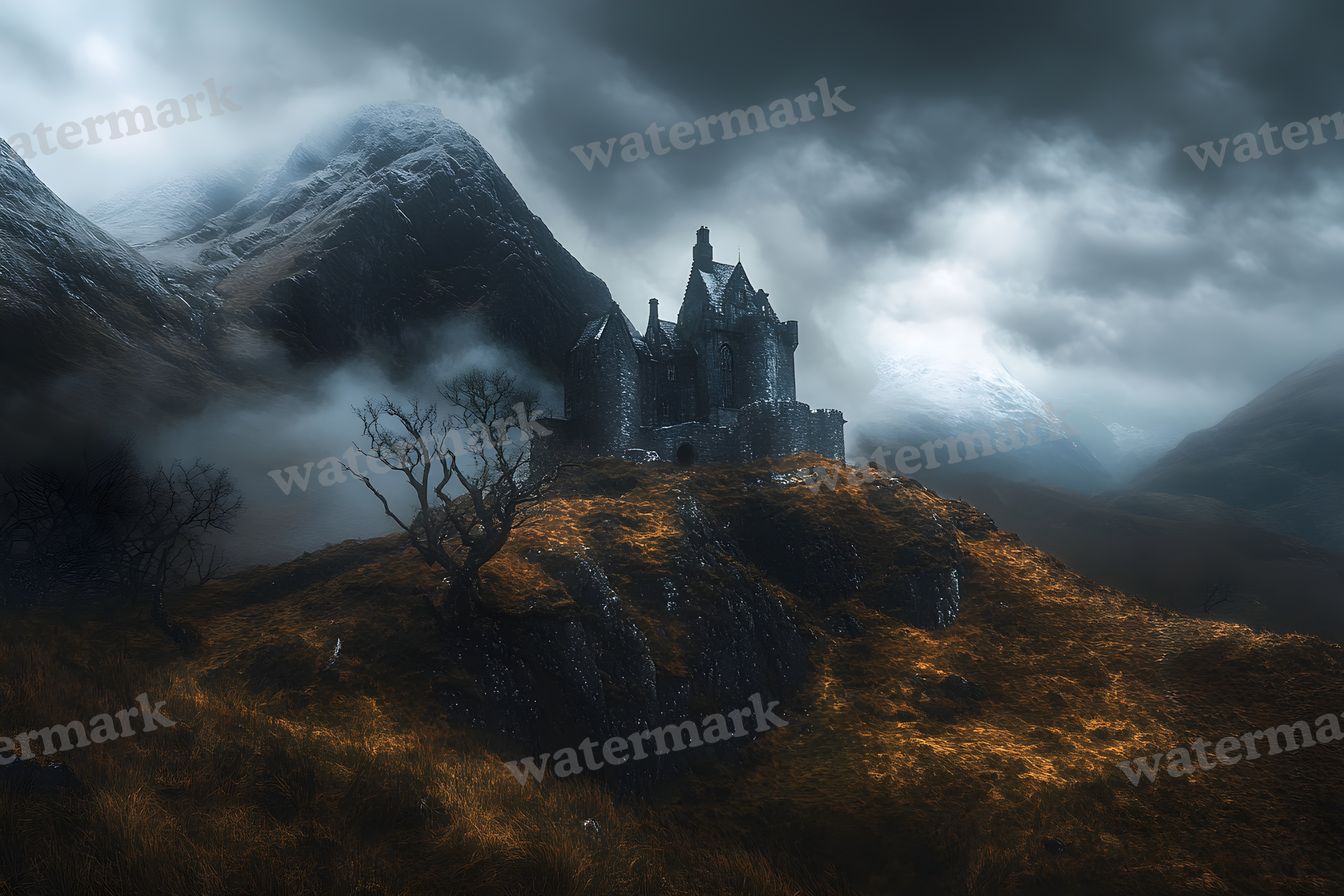 Witch’Castle On Dark Mountain In Storm Backdrop Images