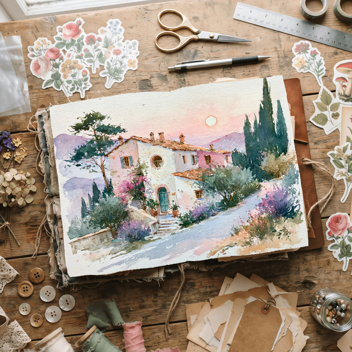 Airy Tuscany Watercolor Landscape