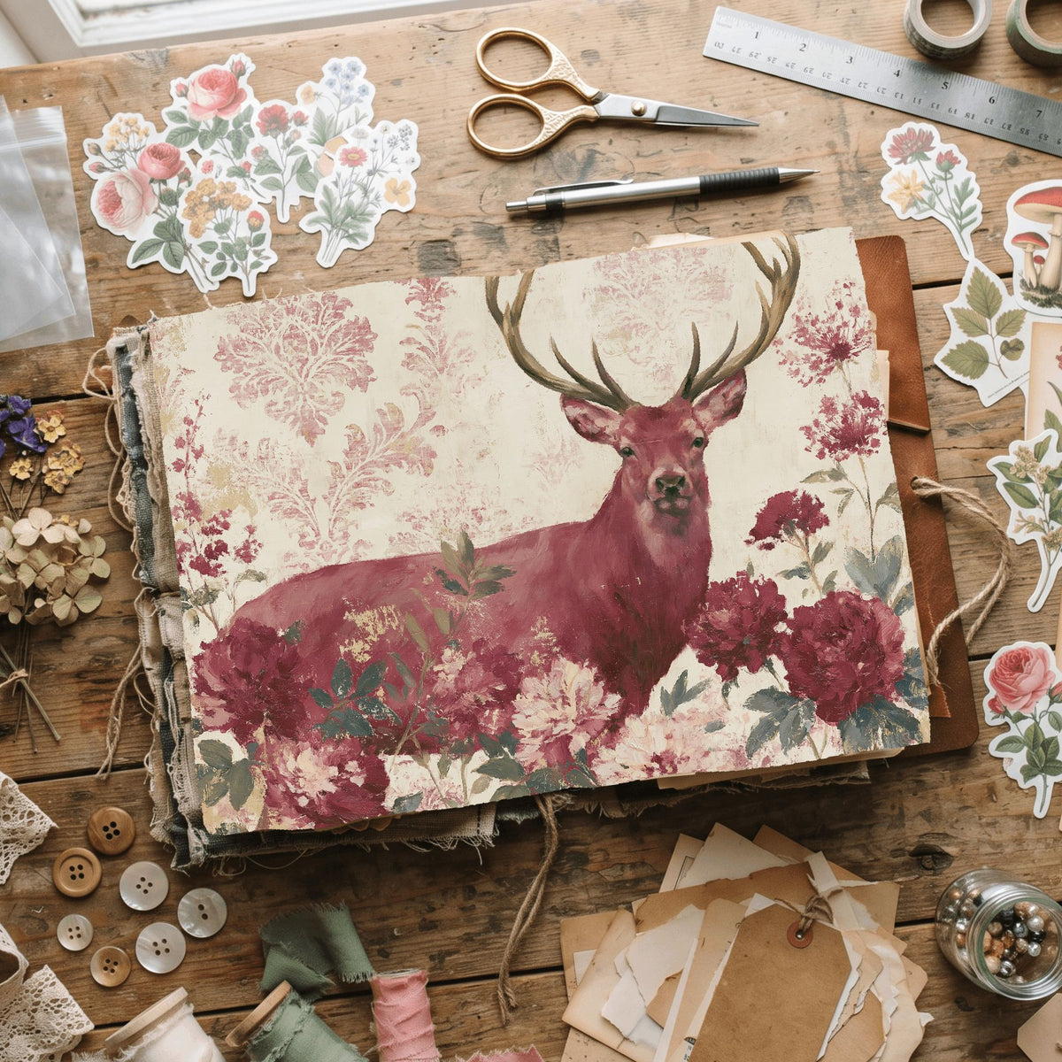Majestic Stag Damask Botanical Art