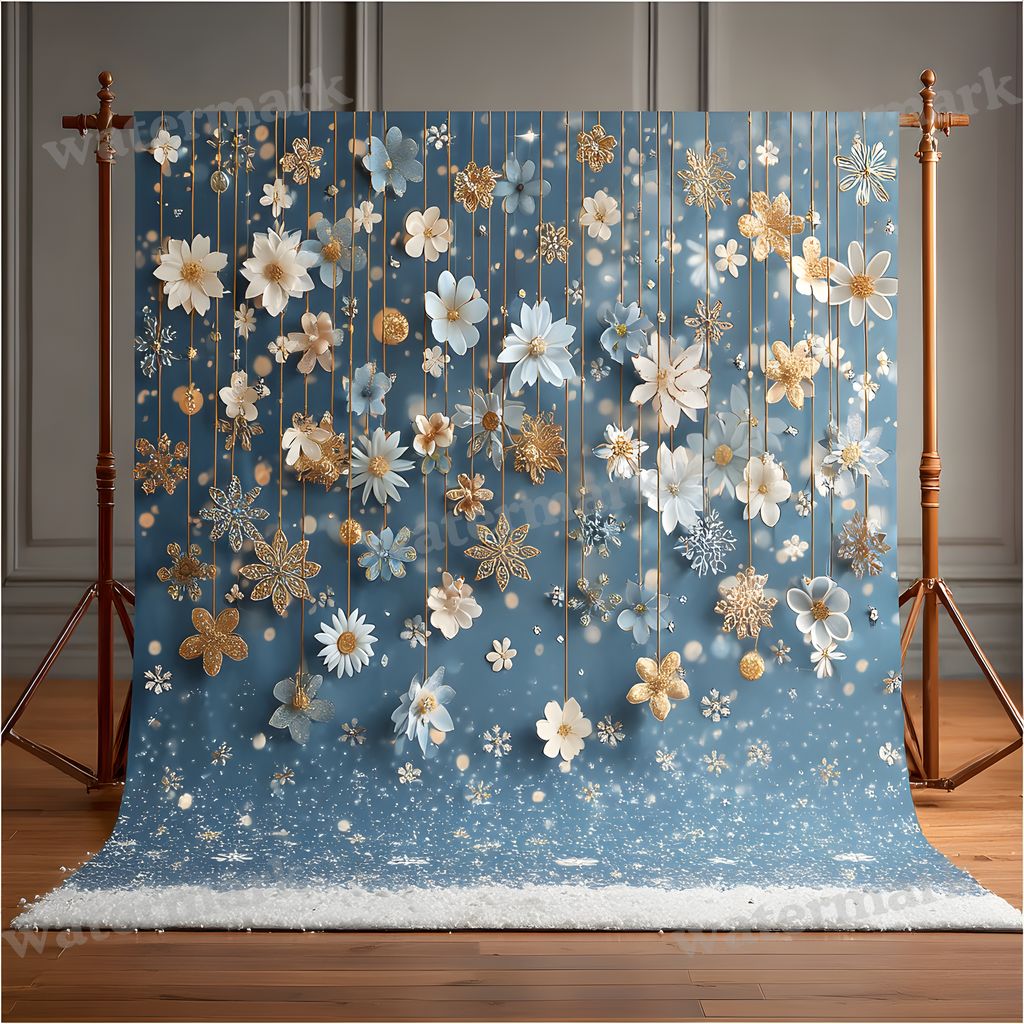 Sapphire Blue Gold Snowy Indoor Christmas Backdrop Images